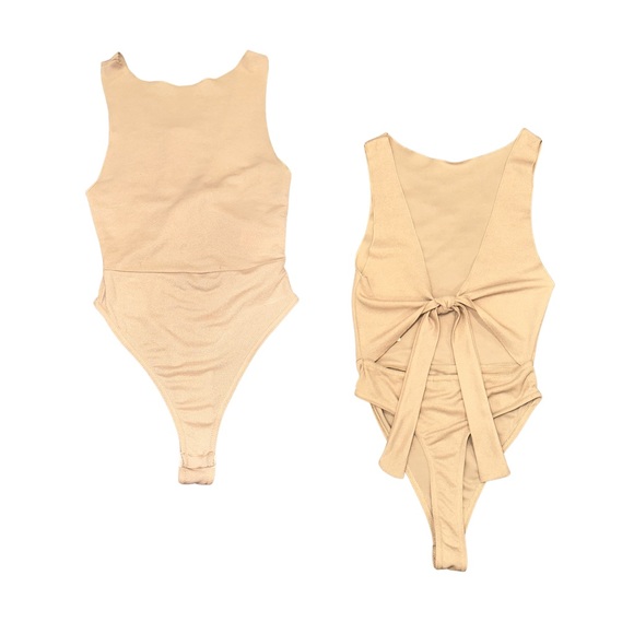 PrettyLittleThing Tops - PRETTYLITTLETHING - Tan Bow Open Back Thong Bodysuit